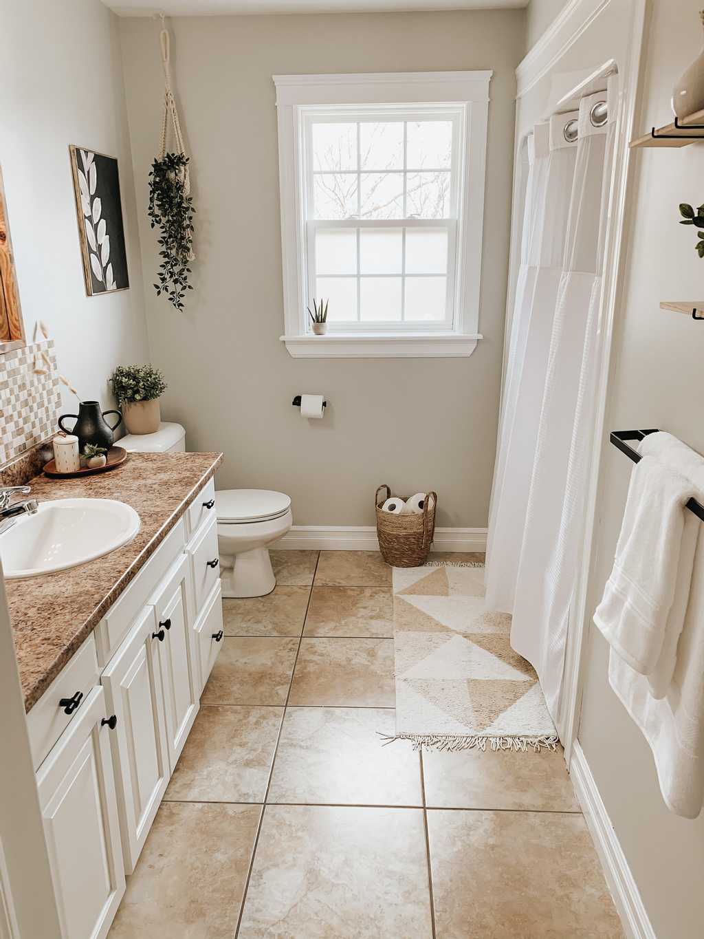 complete overview of bathroom with new white vanity cabinets